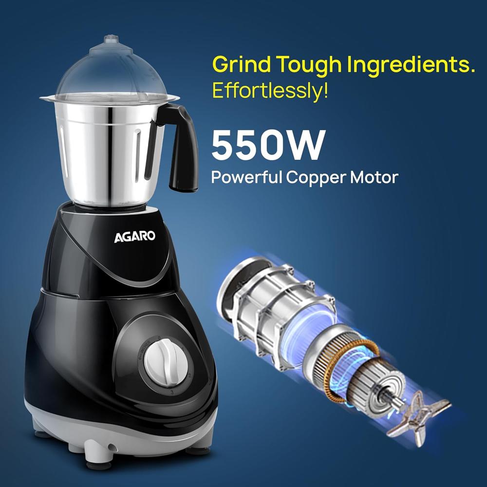 AGARO Elite Mixer Grinder 550W, 100% Copper Motor, 3 Stainless Steel Jar, 3 Speed, Whip Function (34278)