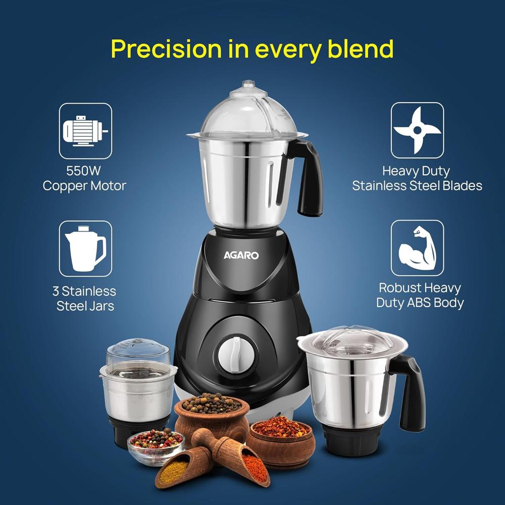 AGARO Elite Mixer Grinder 550W, 100% Copper Motor, 3 Stainless Steel Jar, 3 Speed, Whip Function (34278)