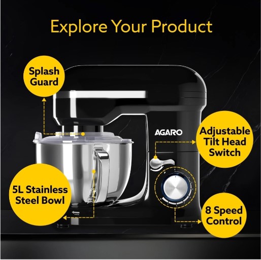 AGARO Royal Stand Mixer 1000W with 5L SS Bowl and 8 Speed Setting (33554)