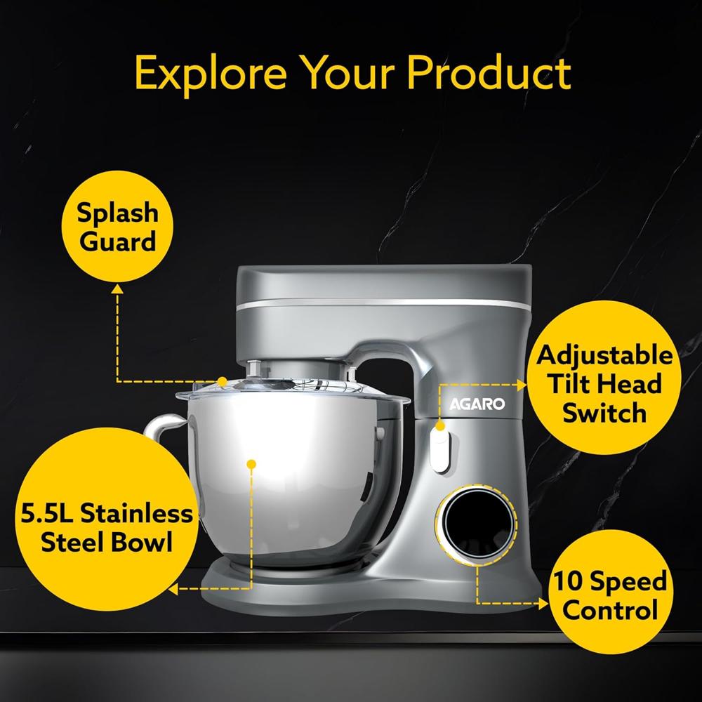 AGARO Elegant Stand Mixer, 1400W with 5.5L SS Bowl, 10 Speed Settings, Pulse 33772