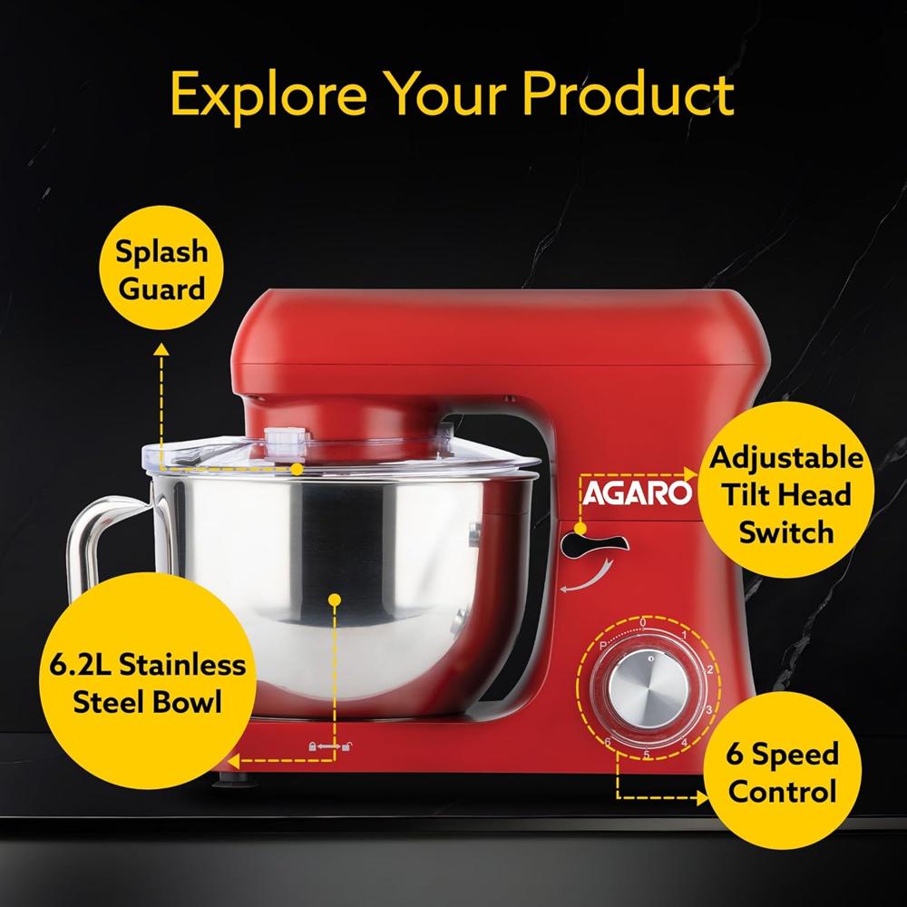 AGARO Supreme Stand Mixer 1550W with 6.2L SS Bowl, 6 Speed Setting, Pulse Function, Die Cast(34060)