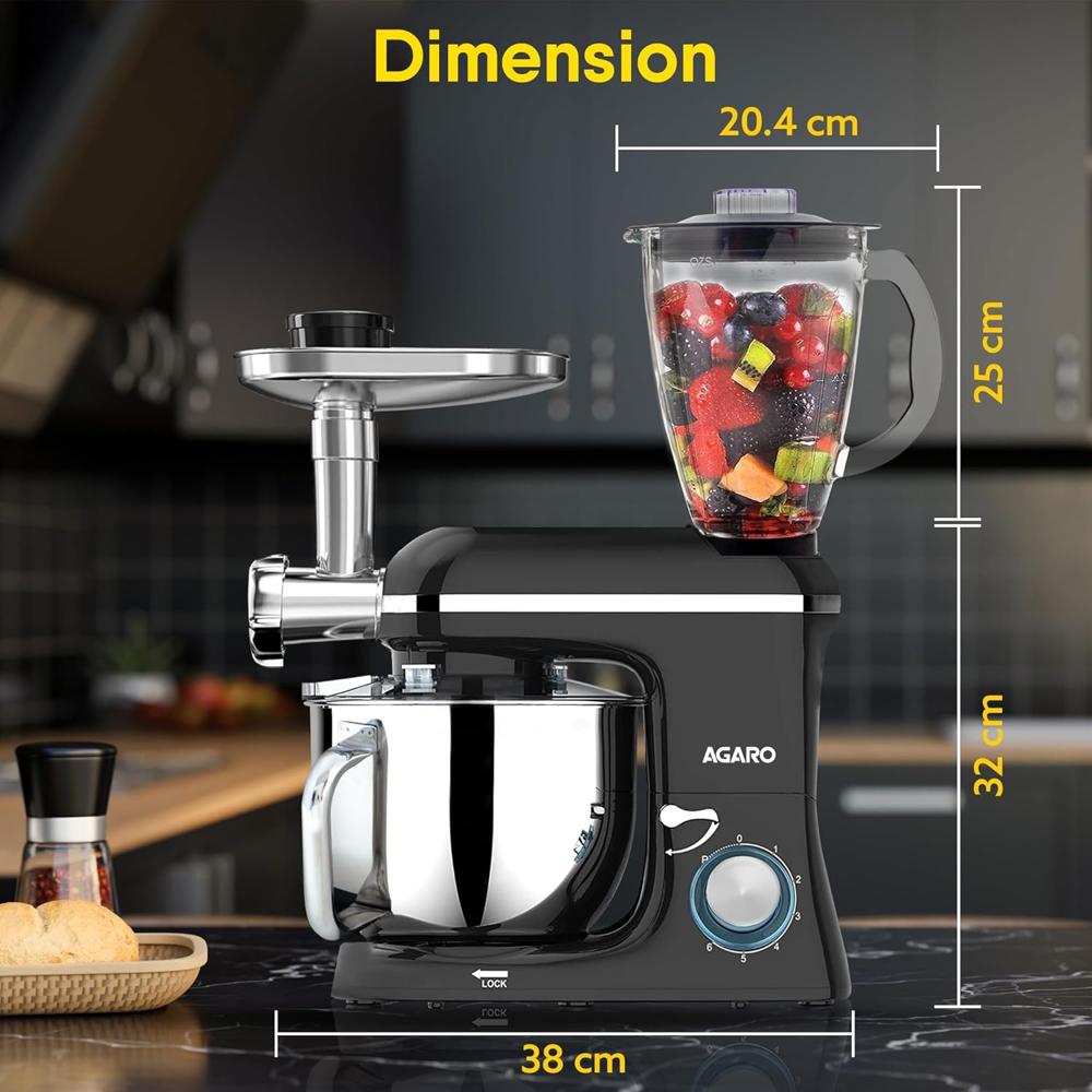 AGARO Regency Stand Mixer With Meat Grinder,1400W with 6L SS Bowl, 1.5L Blending Jar (33894)
