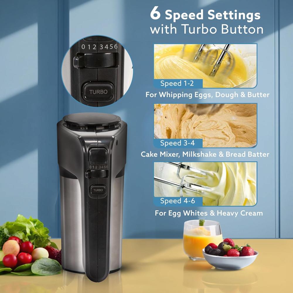 AGARO Elegant Hand Mixer, 300 Watts, Stainless Steel, 6 Interchangeable Speed Settings (33707)