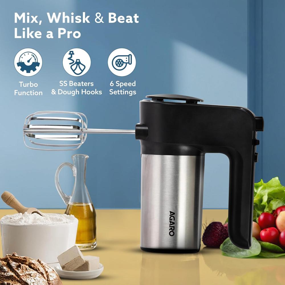 AGARO Elegant Hand Mixer, 300 Watts, Stainless Steel, 6 Interchangeable Speed Settings (33707)