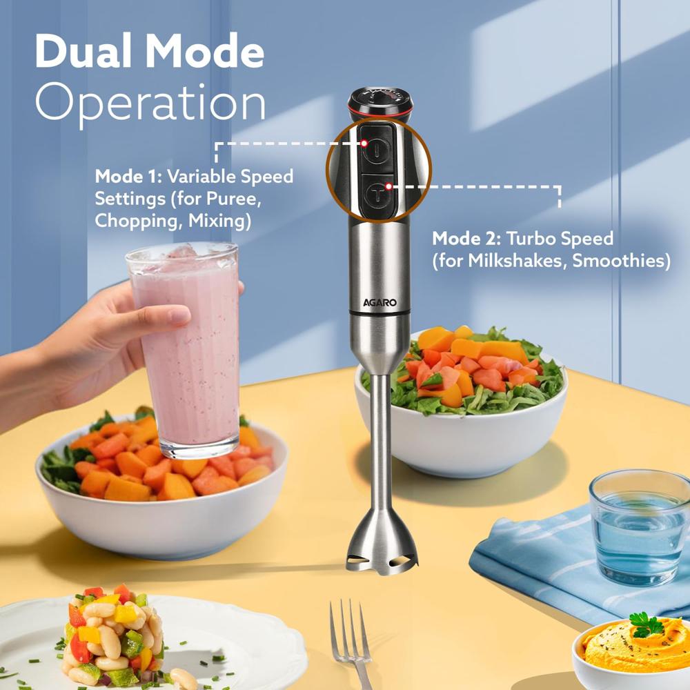 AGARO Grand 1000 Watts Hand Blender with 2 Variable Speed Modes & Speed Regulator, Stainless Steel Blades(33636)