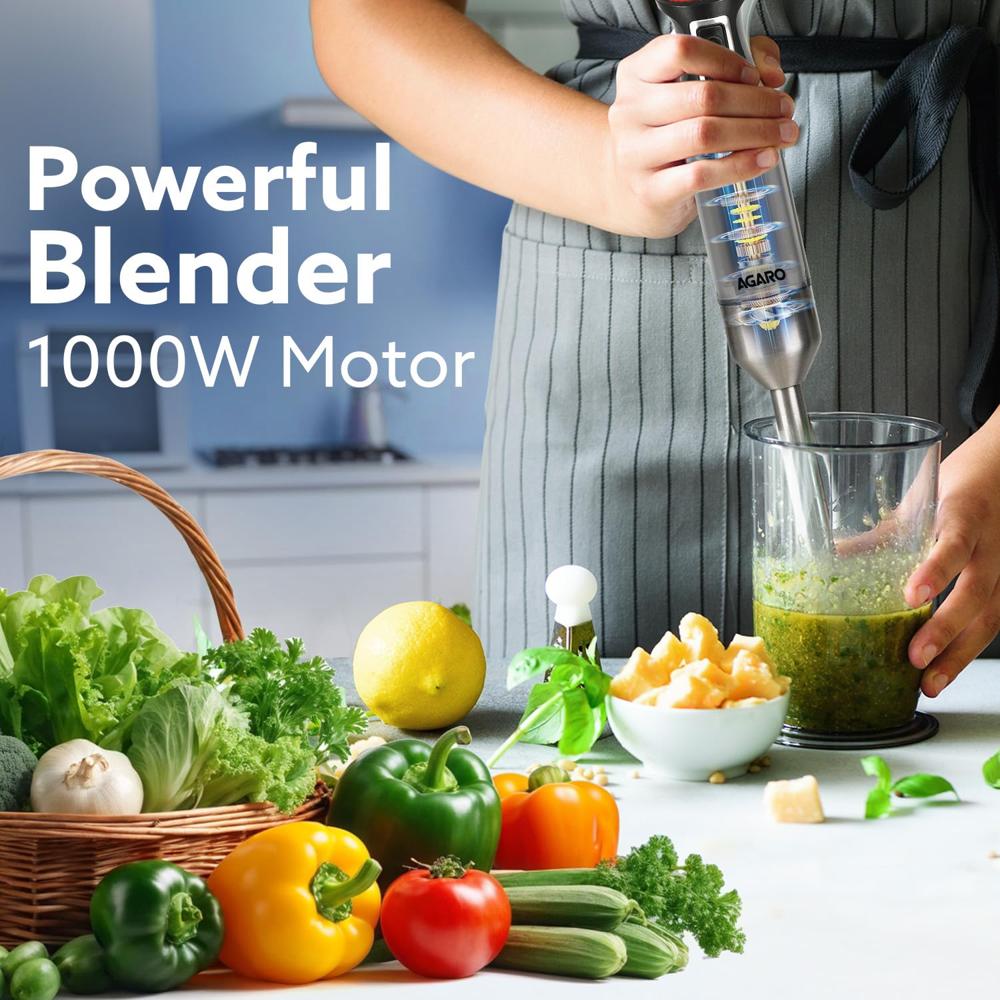 AGARO Grand 1000 Watts Hand Blender with 2 Variable Speed Modes & Speed Regulator, Stainless Steel Blades(33636)