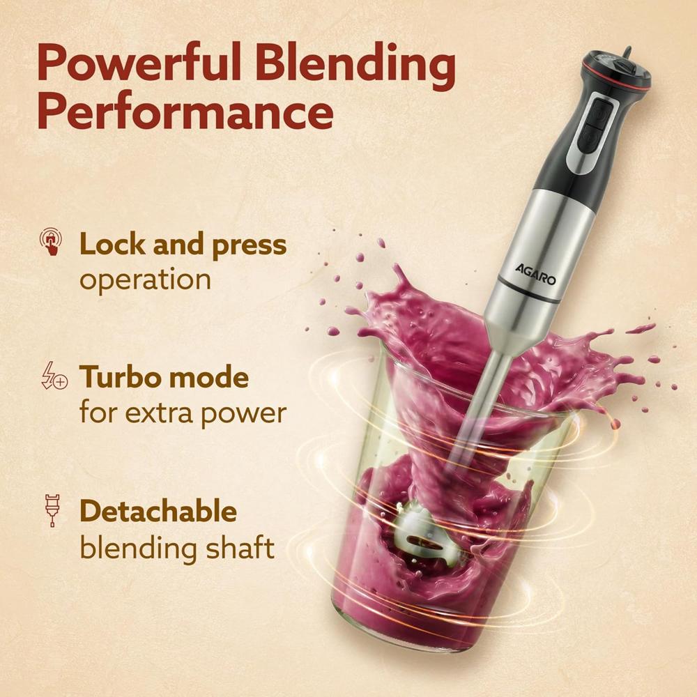 AGARO Grand 1000 Watts Hand Blender With Chopper, Jar & Whisker, 2 Variable Speed Modes (33635)