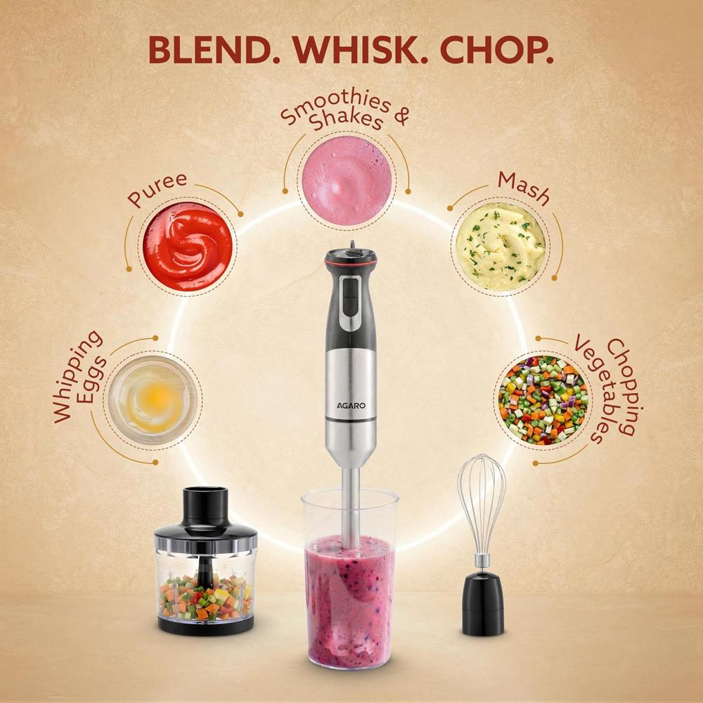 AGARO Grand 1000 Watts Hand Blender With Chopper, Jar & Whisker, 2 Variable Speed Modes (33635)