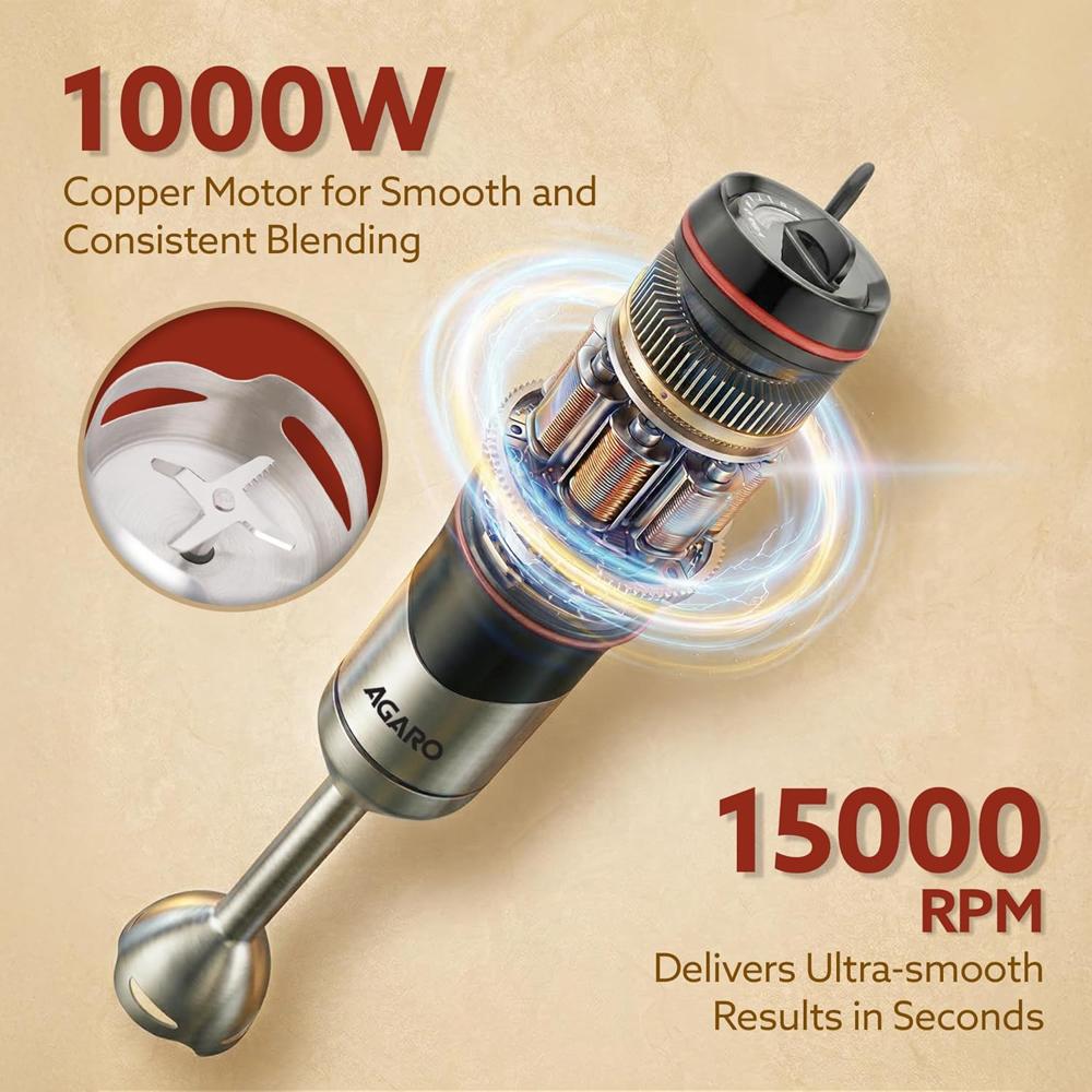 AGARO Grand 1000 Watts Hand Blender With Chopper, Jar & Whisker, 2 Variable Speed Modes (33635)