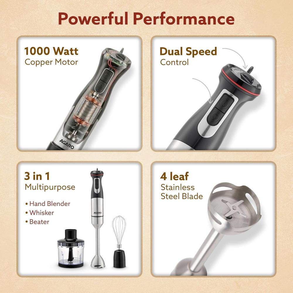 AGARO Grand 1000 Watts Hand Blender With Chopper, Jar & Whisker, 2 Variable Speed Modes (33635)