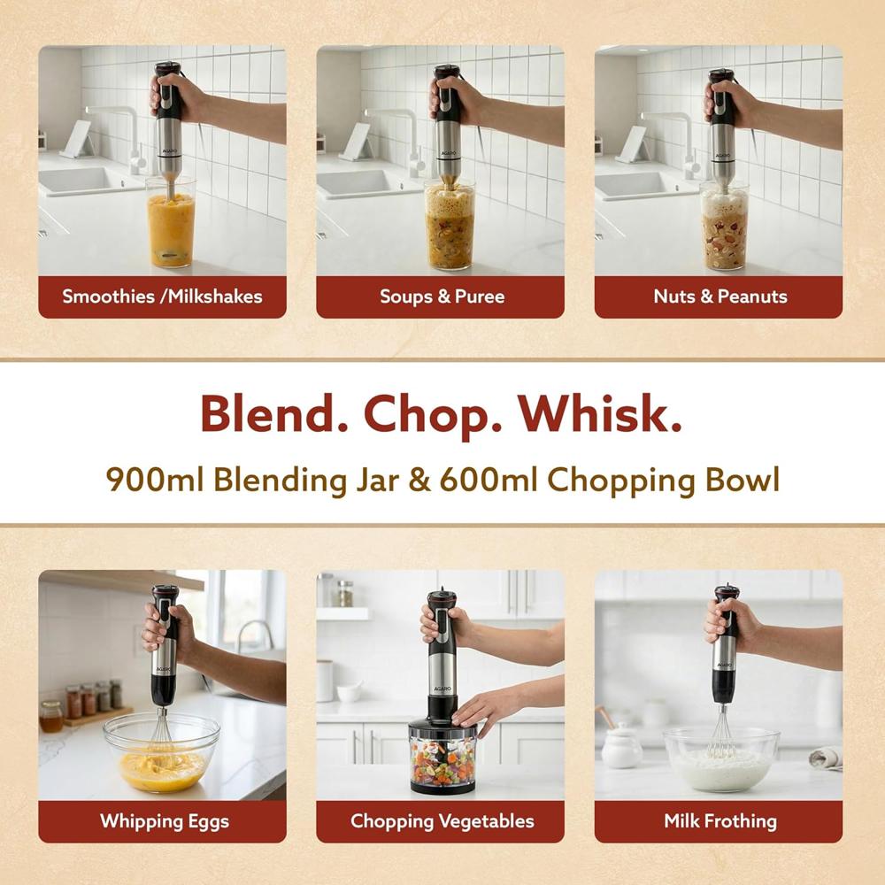 AGARO Grand 1000 Watts Hand Blender With Chopper, Jar & Whisker, 2 Variable Speed Modes (33635)