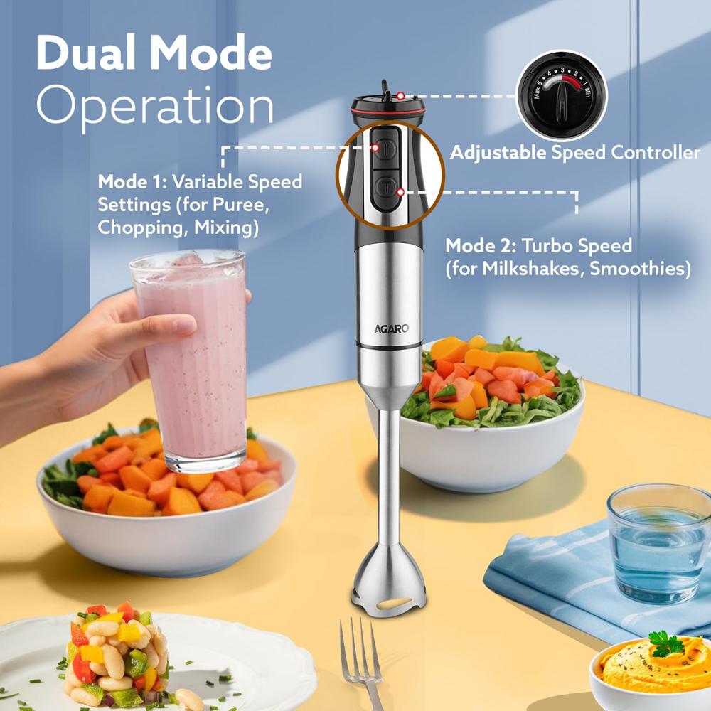 AGARO Grand Plus 6 in 1 Hand Blender 1000 Watts, 100% Copper Motor, 2 Variable Speed Modes (34009)