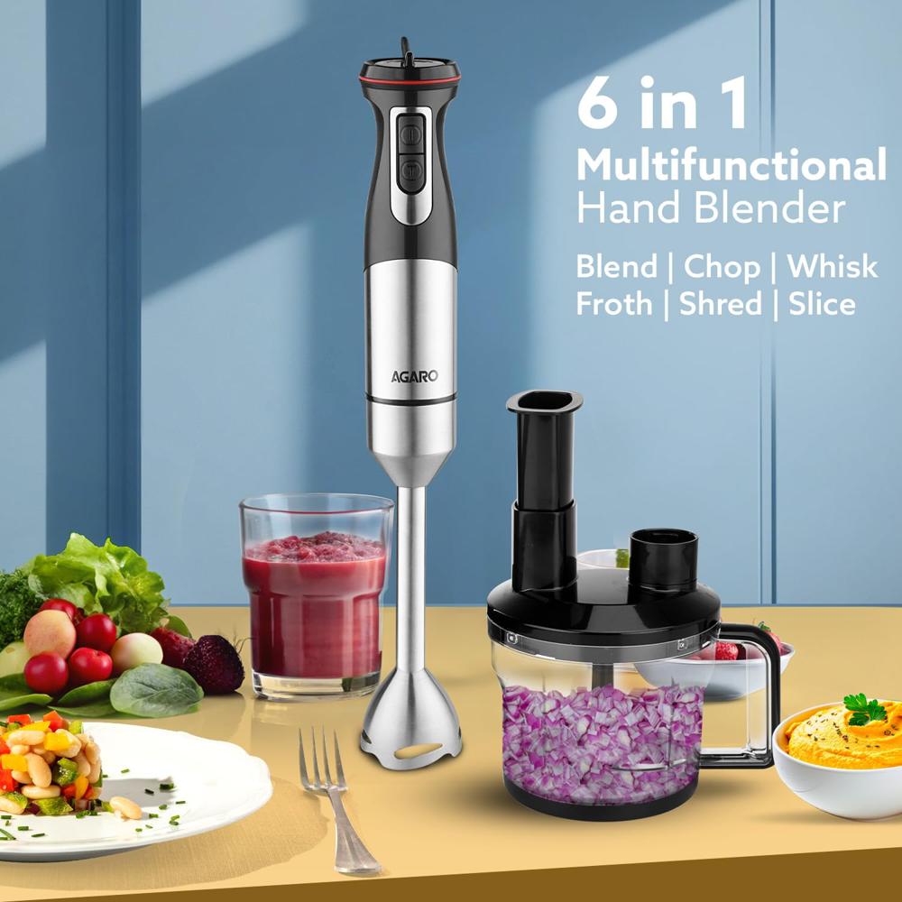 AGARO Grand Plus 6 in 1 Hand Blender 1000 Watts, 100% Copper Motor, 2 Variable Speed Modes (34009)