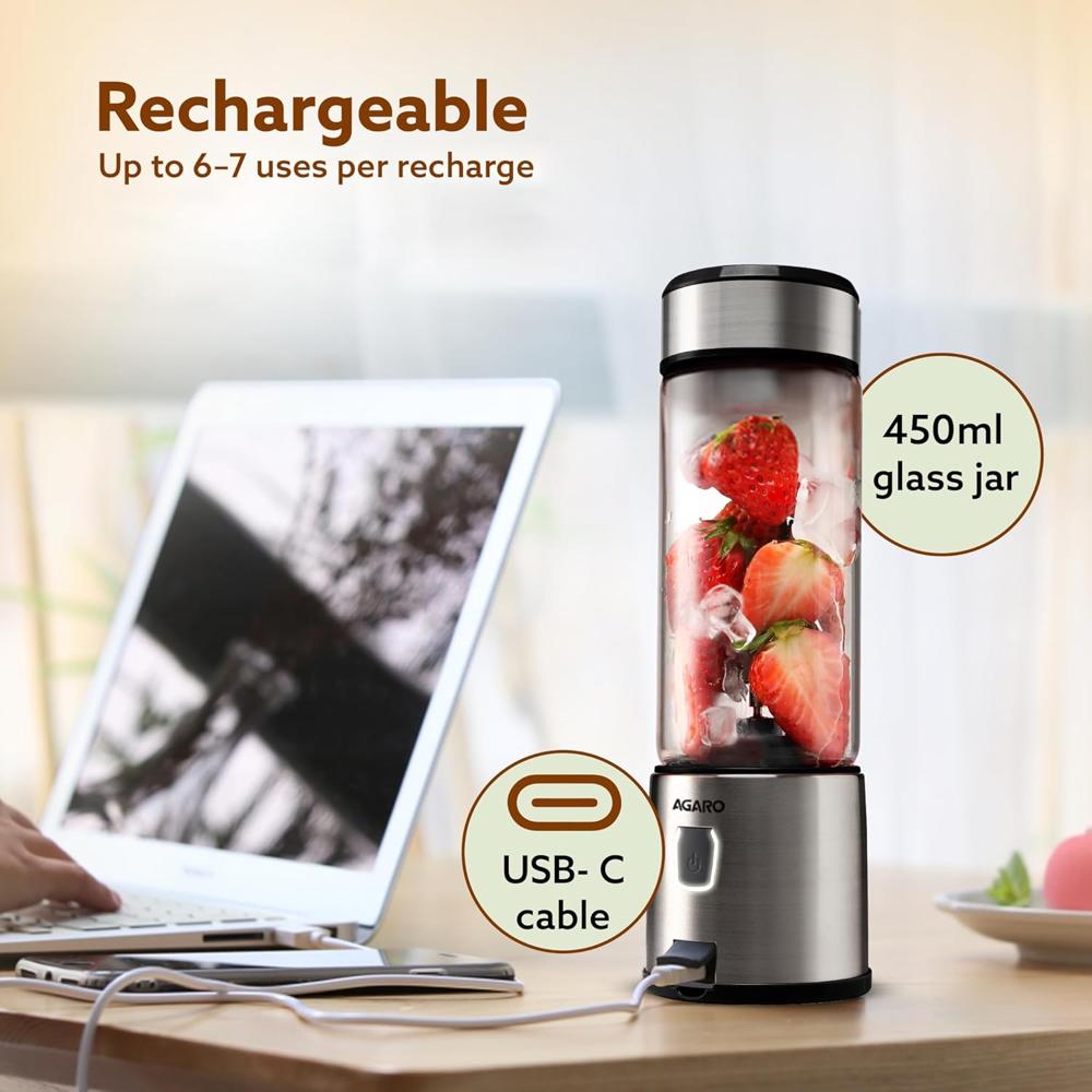 AGARO Galaxy Portable Blender for Smoothie & Milk Shakes, 450ml, USB Type C Rechargeable, 3000 mAh Battery(34119)