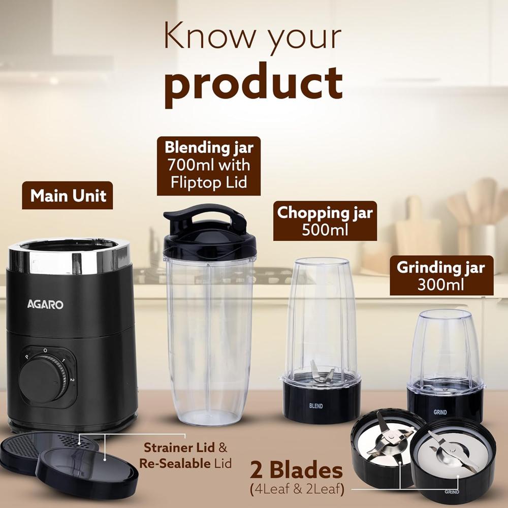 AGARO Galaxy 3 Jar Personal Blender, 400W, Serrated and Cross Blade with Detachable Base(34130)