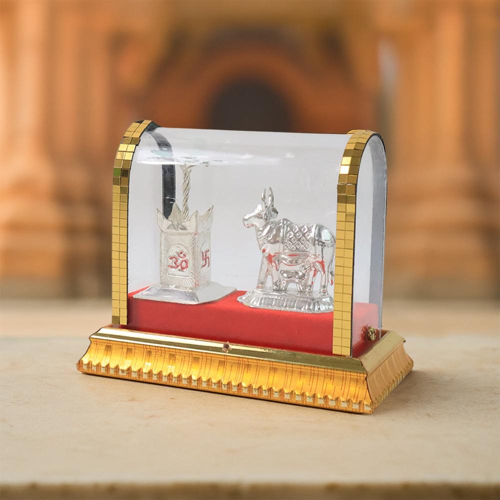 Decorative Kamdhenu Cow With Calf And Tulsi Plant Idol Set - Color: Mix