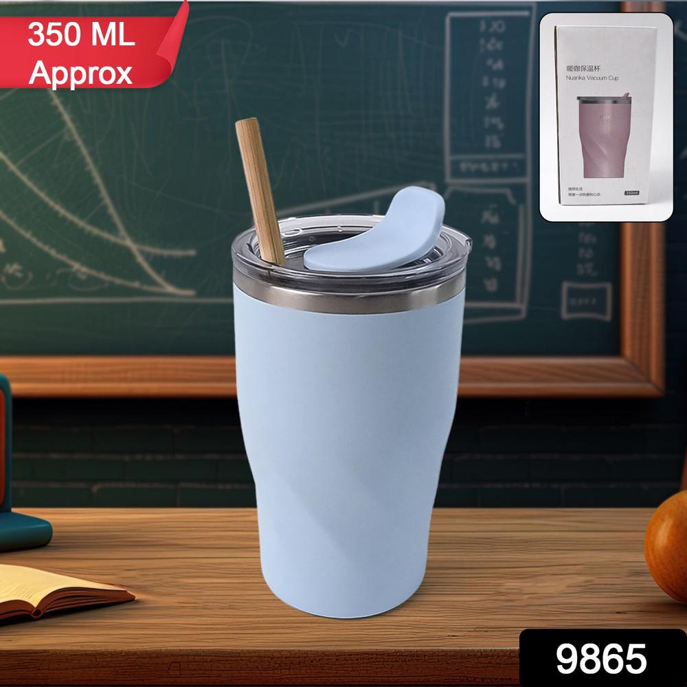 Stainless Steel Insulated Coffee Mug With Wooden Straw, Tumbler (350ml Approx)
