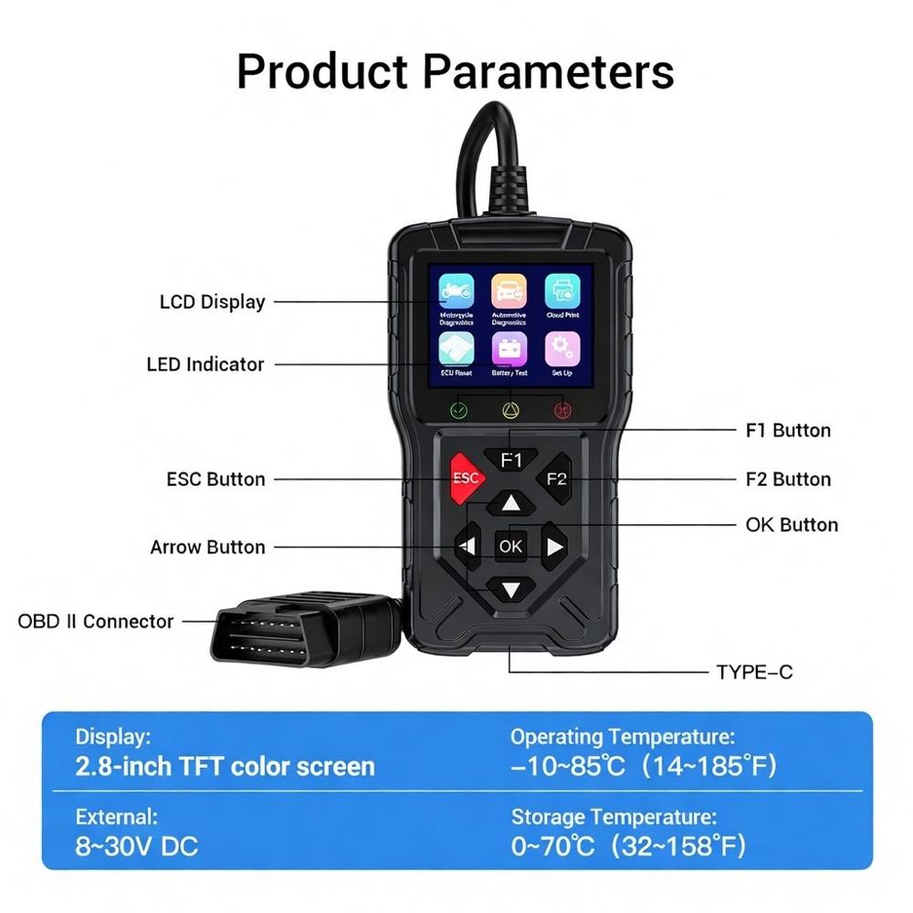 M60 Car & Motorcycle Scanner 2.4in Color Screen OBDII Battery Startup Test