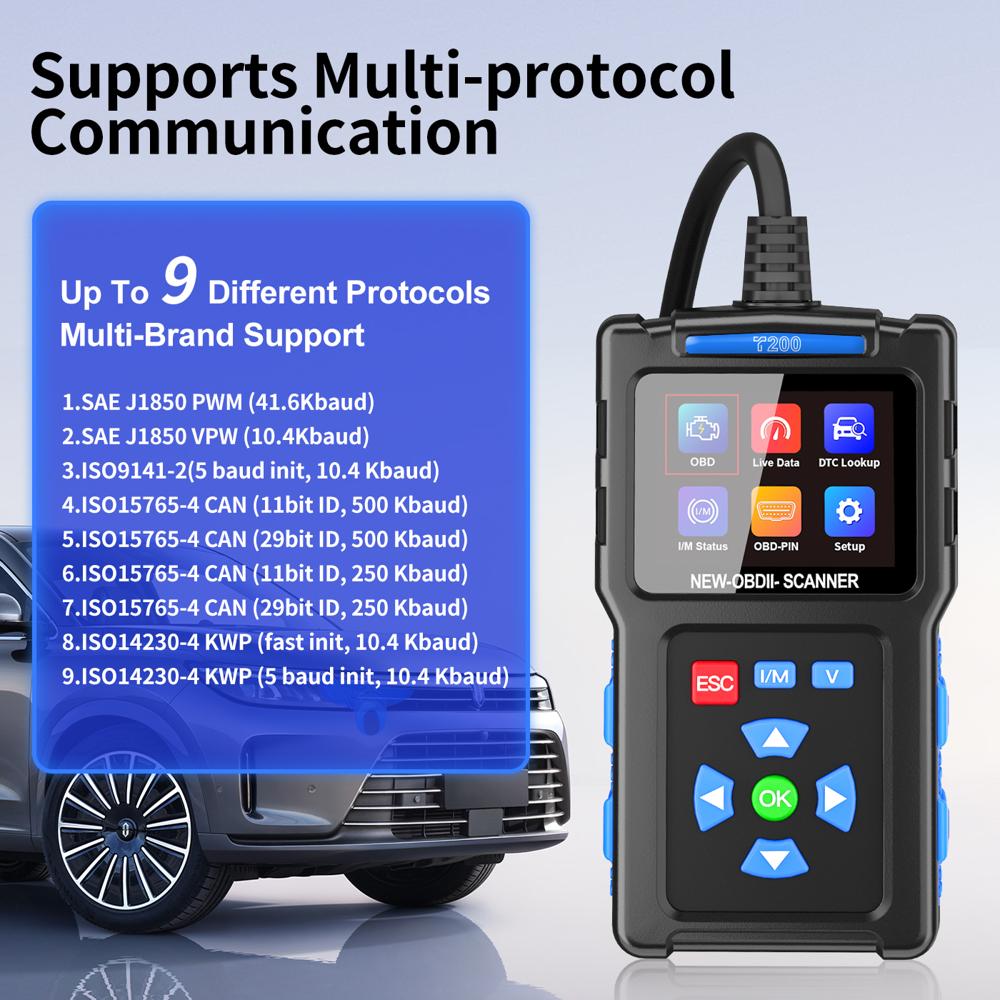 T200 OBD2 Scanner 2.4in TFT Color Screen Car Fault Code Reader Clear Check Engine Light
