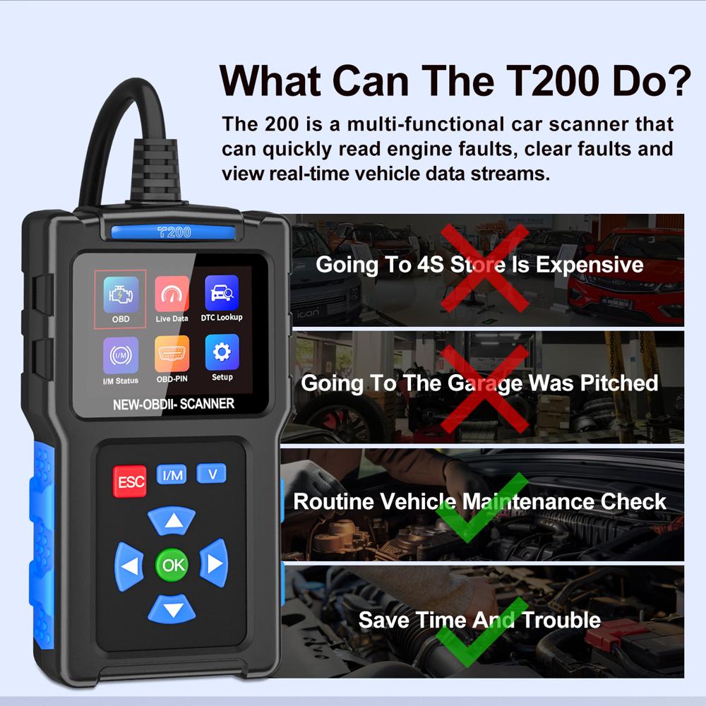 T200 OBD2 Scanner 2.4in TFT Color Screen Car Fault Code Reader Clear Check Engine Light