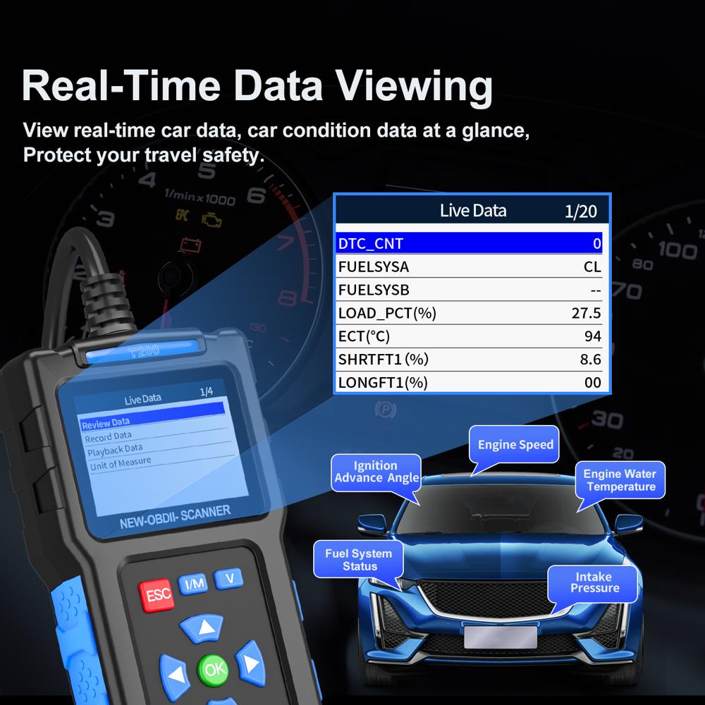 T200 OBD2 Scanner 2.4in TFT Color Screen Car Fault Code Reader Clear Check Engine Light