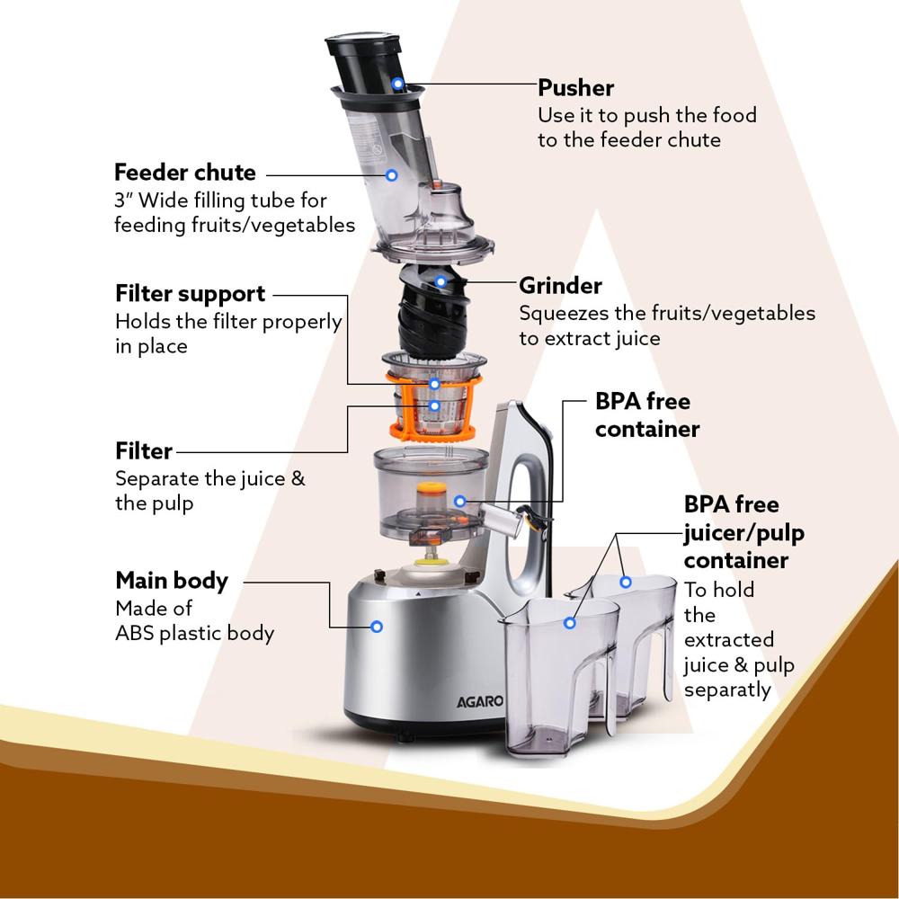 AGARO Imperial Slow Juicer, Professional Cold Press Whole Slow Juicer, 240 Watts Power Motor(33847)