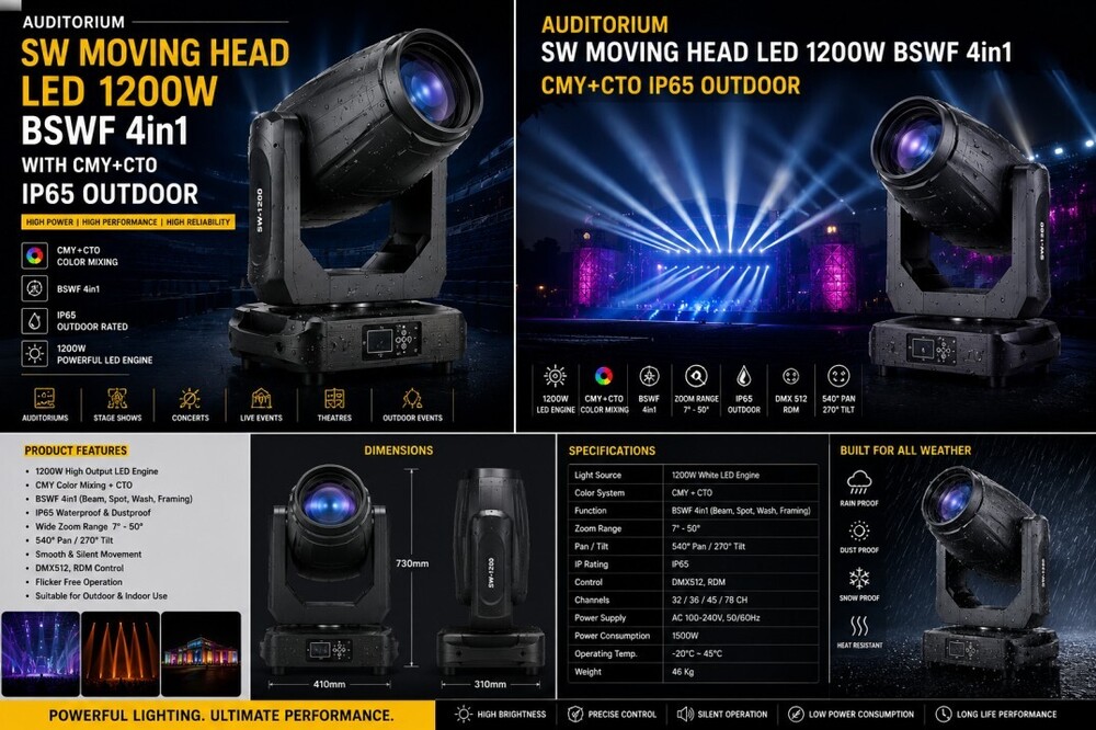 Auditorium SW Moving Head LED 1200W BSWF 4in1 with CMY+CTO IP65 Outdoor