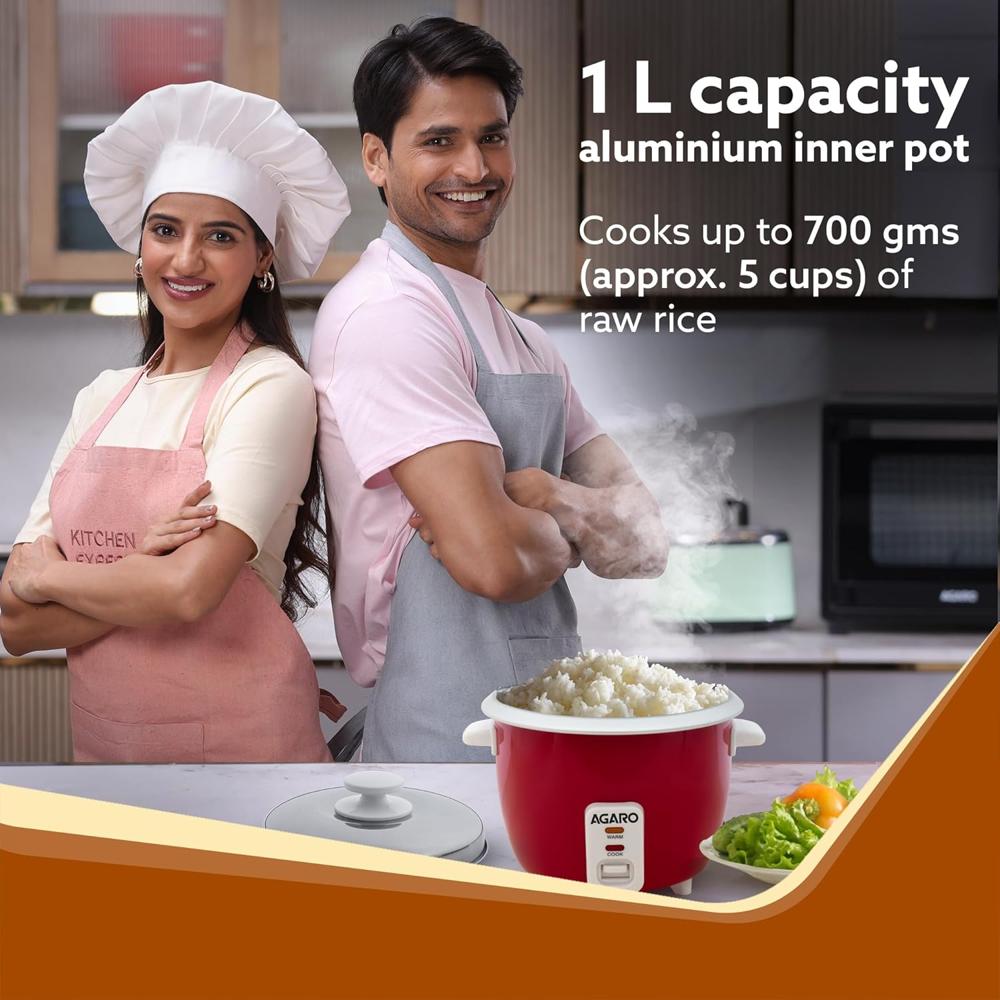 AGARO Elegant Electric Rice Cooker, 1L, 700 gms (approx. 5 cups) raw rice, 400W, Automatic Boiler, Steamer(33957)