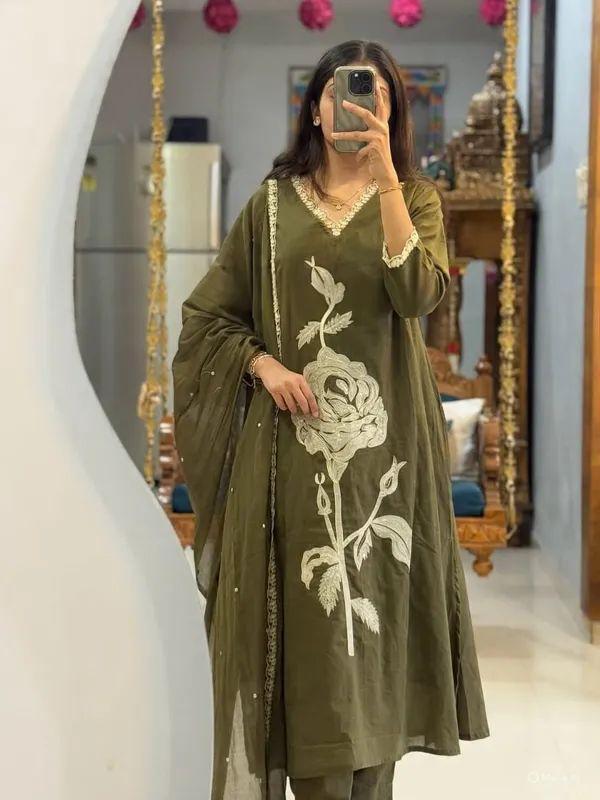 Rose Embroidery Green 3 Piece Suit Set