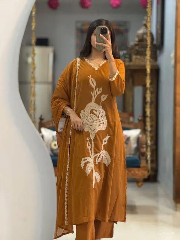 Rose Embroidery 3 Piece Suit Set