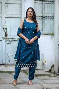 Sleeveless Blue 3 Piece Suit Set - Rayon Georgette Blend, Calf-length Kurta, Embroidered, Lightweight, Breathable