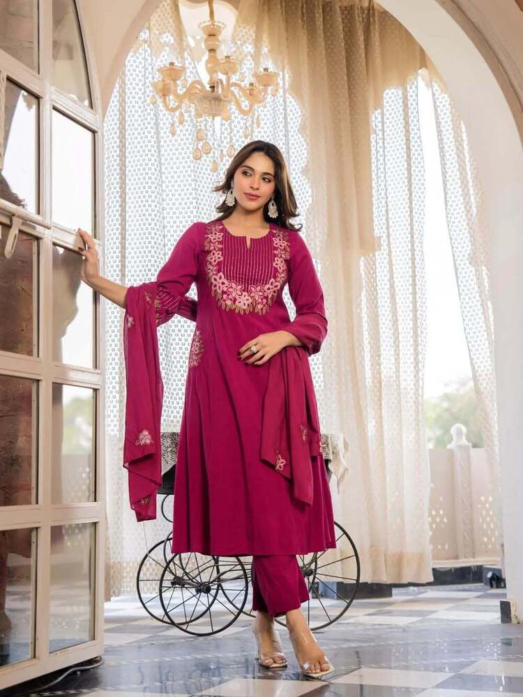 Yoke Flower Embroidery Fancy Anarkali Suit