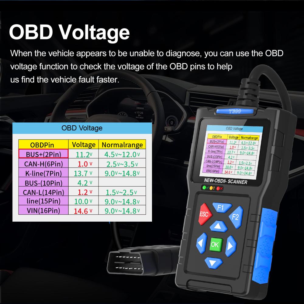 T300 OBD2 Scanner Battery Tester Waveform Monitoring 50000+ DTCs 2.8in Color Screen