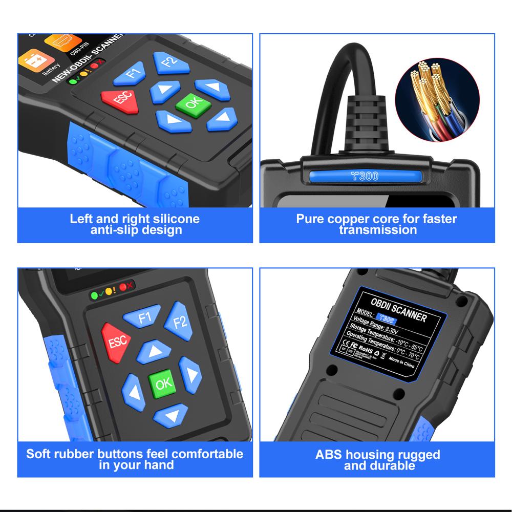 T300 OBD2 Scanner Battery Tester Waveform Monitoring 50000+ DTCs 2.8in Color Screen