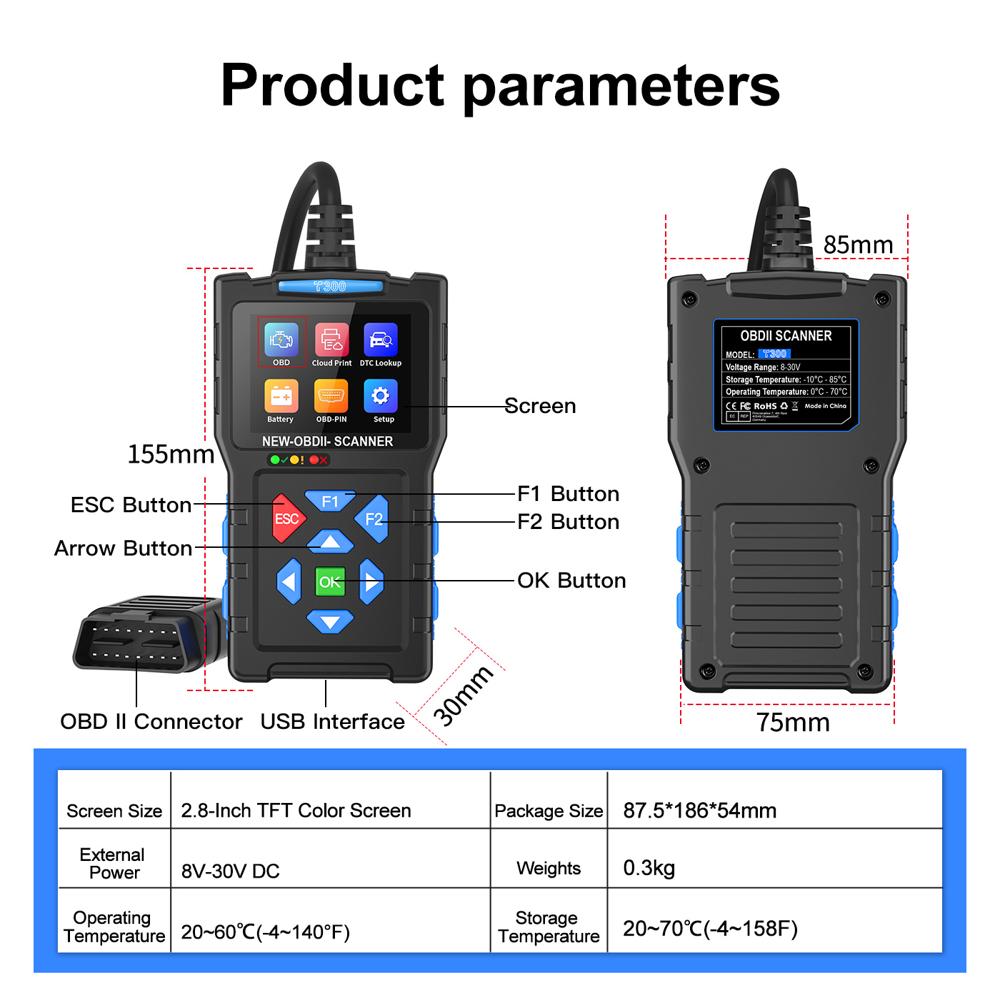 T300 OBD2 Scanner Battery Tester Waveform Monitoring 50000+ DTCs 2.8in Color Screen