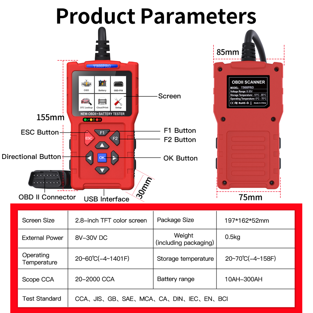 T300 PRO OBD2 Scanner & Battery Tester 2-in-1 2.8in Screen Lead-acid AGM GEL EFB Support
