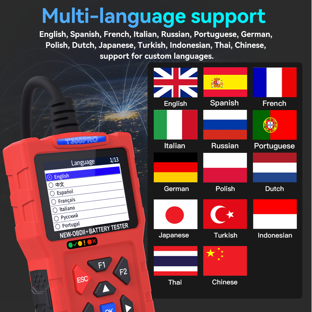 T300 PRO OBD2 Scanner & Battery Tester 2-in-1 2.8in Screen Lead-acid AGM GEL EFB Support