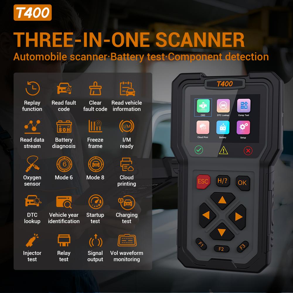 T400 3-in-1 OBD2 Scanner Battery Analyzer Circuit Tester 3.5in HD Screen Injector Relay