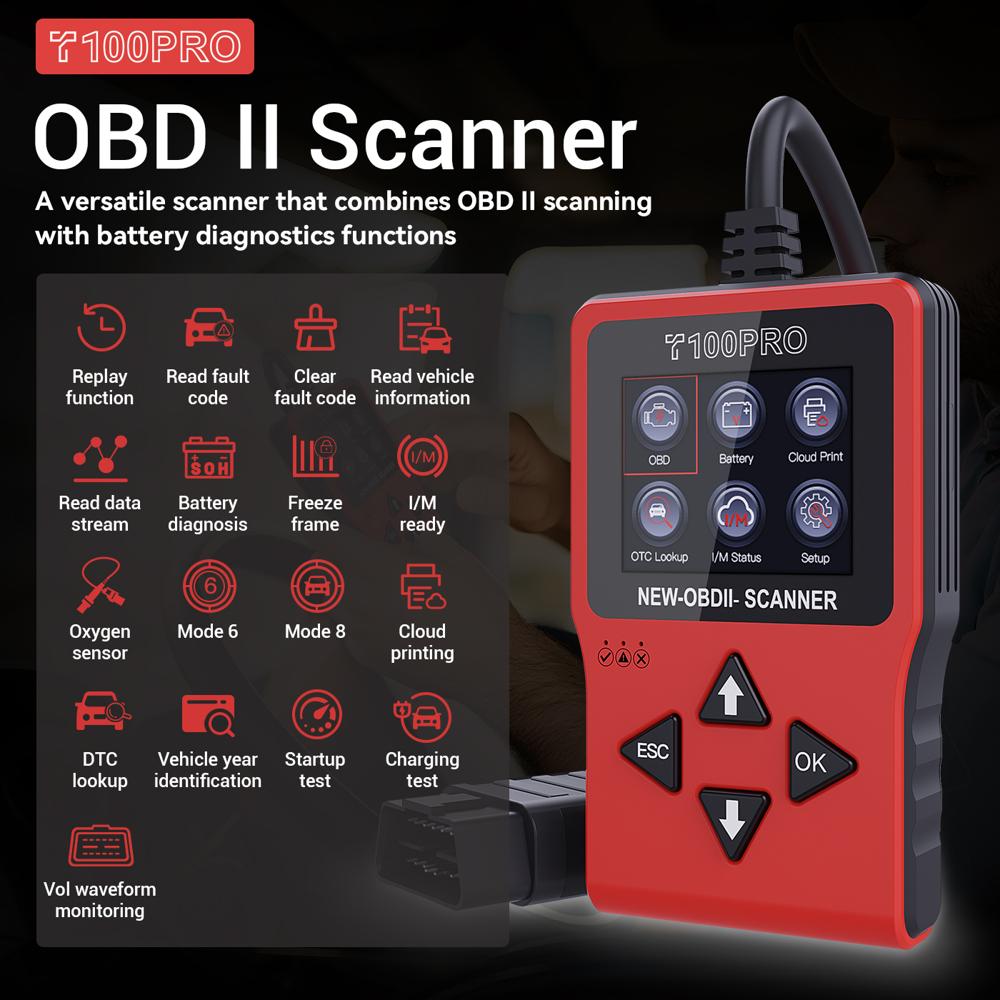 T100 PRO OBD2 Scanner 2.4in Screen Battery Diagnosis Cloud Print 12 Languages Car Tool