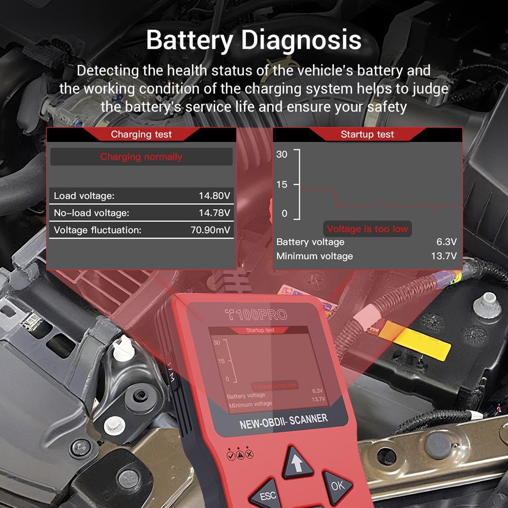 T100 PRO OBD2 Scanner 2.4in Screen Battery Diagnosis Cloud Print 12 Languages Car Tool