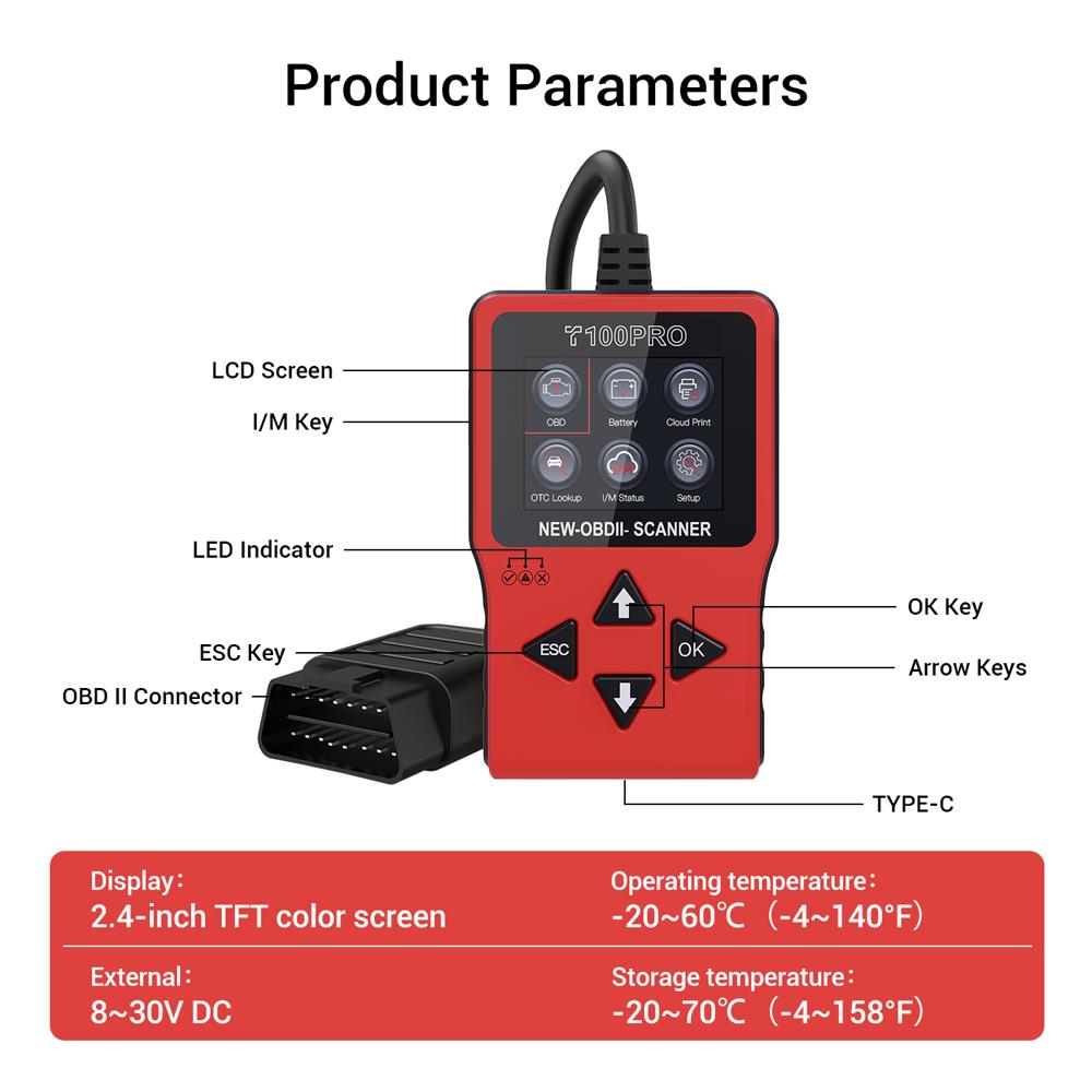 T100 PRO OBD2 Scanner 2.4in Screen Battery Diagnosis Cloud Print 12 Languages Car Tool