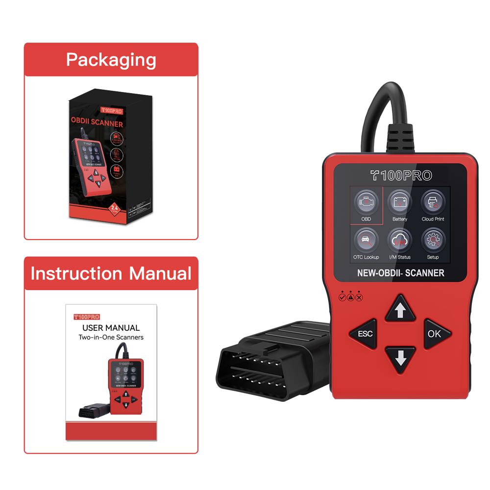 T100 PRO OBD2 Scanner 2.4in Screen Battery Diagnosis Cloud Print 12 Languages Car Tool