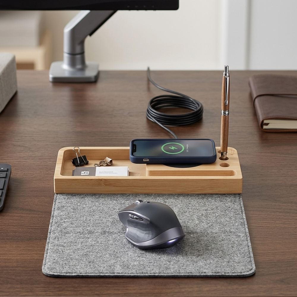Bamboo Desk Organizer With Wireless Charger And Mouse Pad - Capacity: Single Mobile Charging Support Pcs/Hr