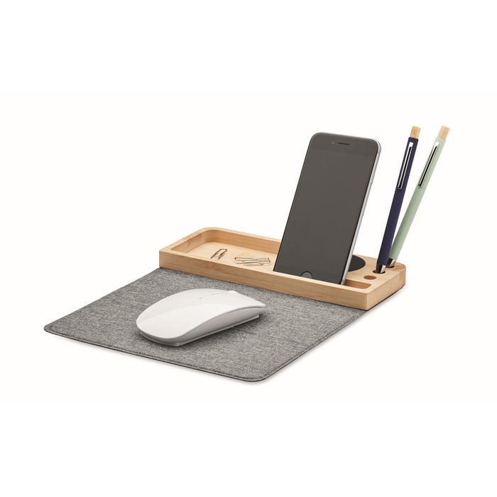 Bamboo Desk Organizer with Wireless Charger and Mouse Pad