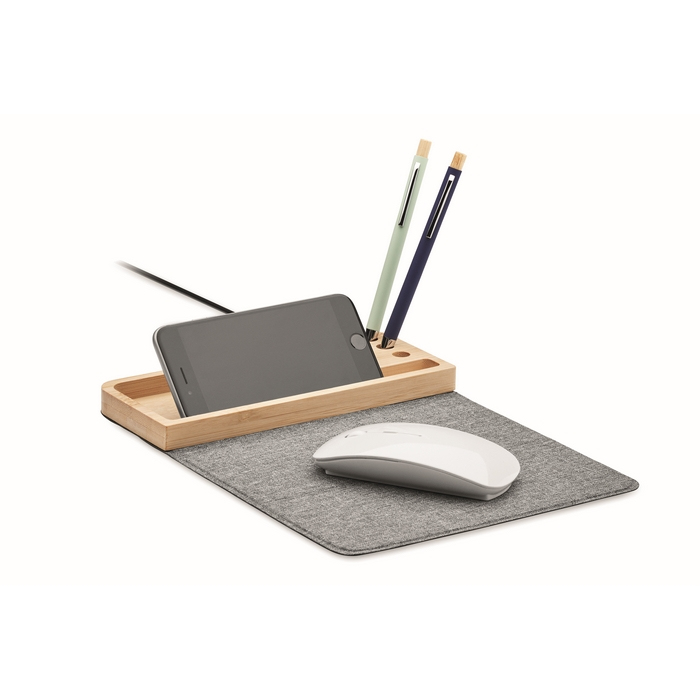 Bamboo Desk Organizer with Wireless Charger and Mouse Pad
