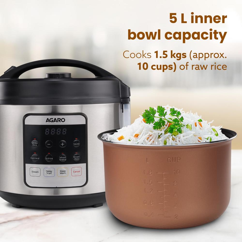 AGARO Royal Electric Rice Cooker, 5 Litre Ceramic Coated Inner Bowl, Steam Basket 700 W (33877)
