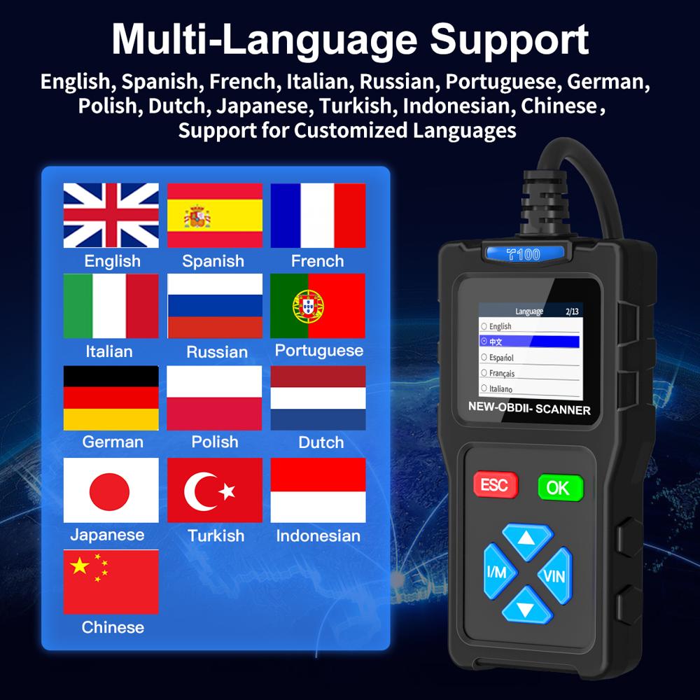 T100 OBD2 Scanner Car Diagnostic Tool Clear DTCs Live Data 1.7in Color Screen 12 Languages