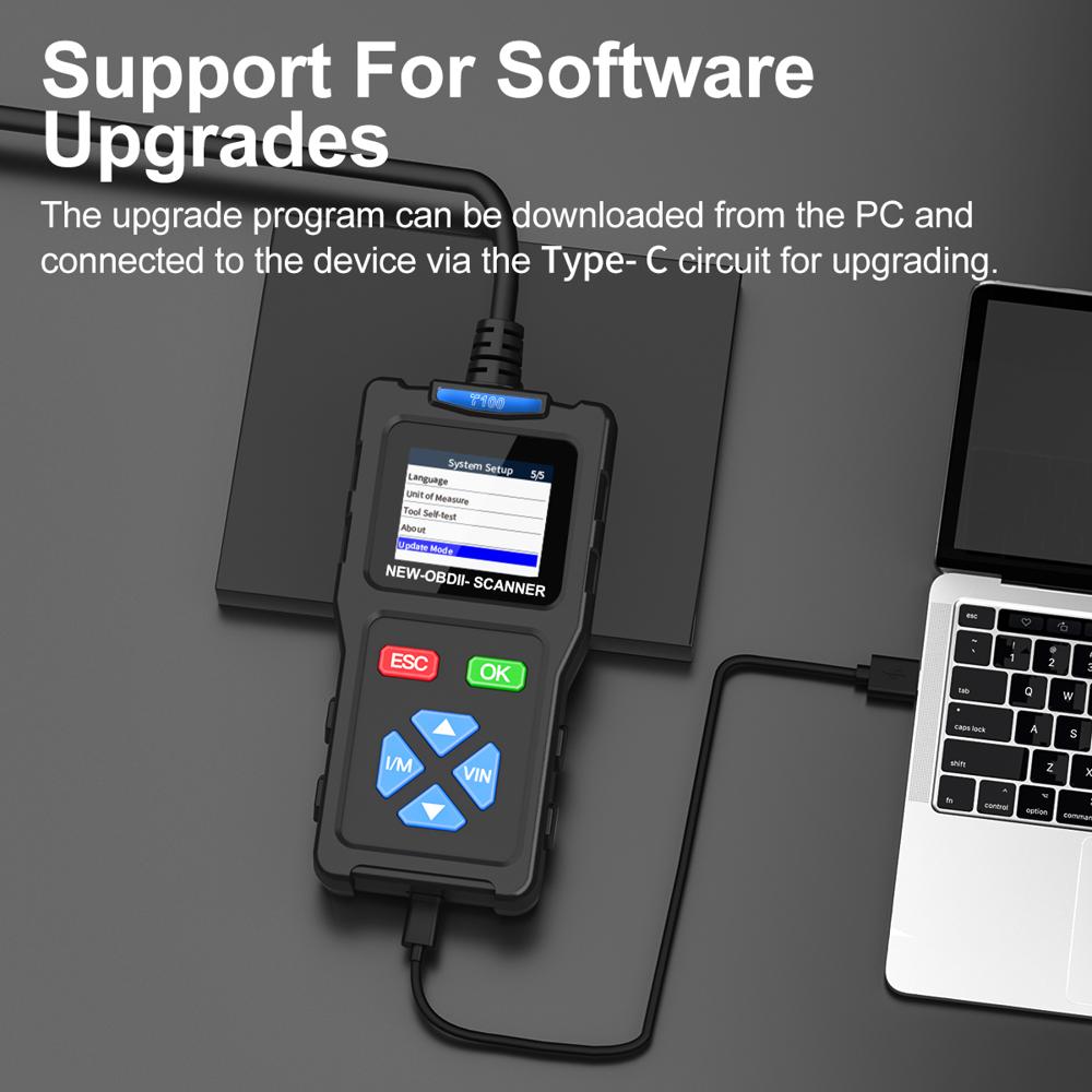 T100 OBD2 Scanner Car Diagnostic Tool Clear DTCs Live Data 1.7in Color Screen 12 Languages