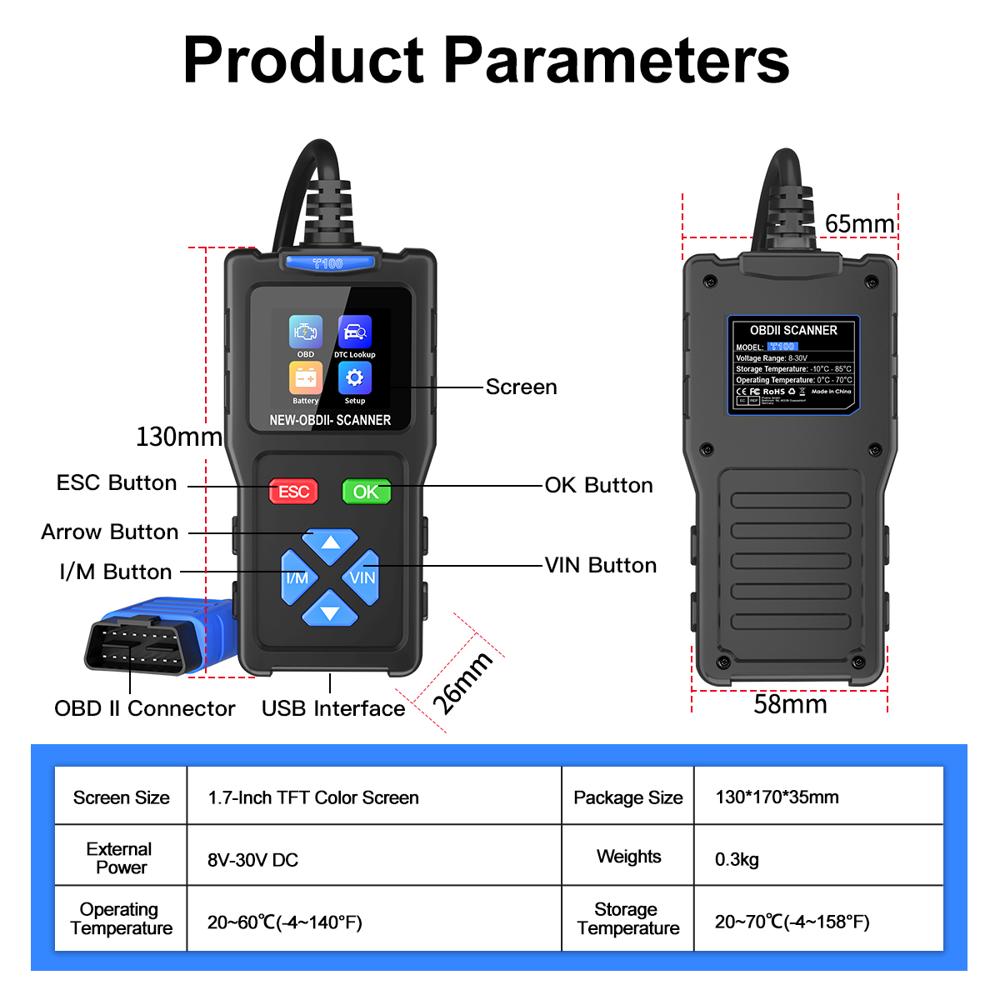 T100 OBD2 Scanner Car Diagnostic Tool Clear DTCs Live Data 1.7in Color Screen 12 Languages