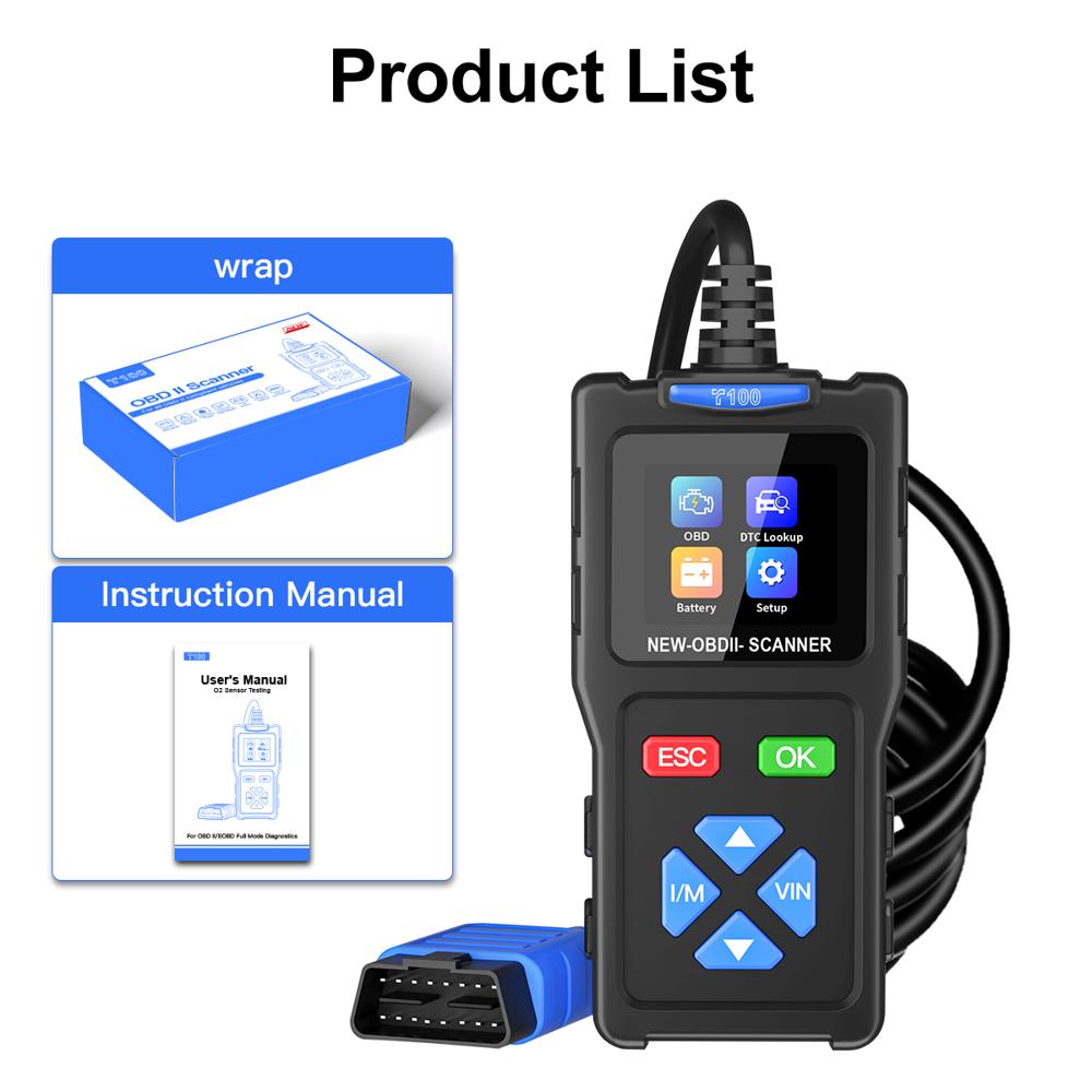 T100 OBD2 Scanner Car Diagnostic Tool Clear DTCs Live Data 1.7in Color Screen 12 Languages